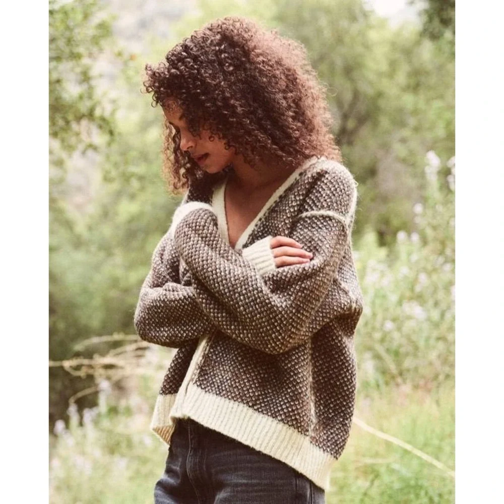 THE GREAT. | Estate Reversible Cardigan 3/Large Toasted Plaid Alpaca Wool Blend - Picture 3 of 15